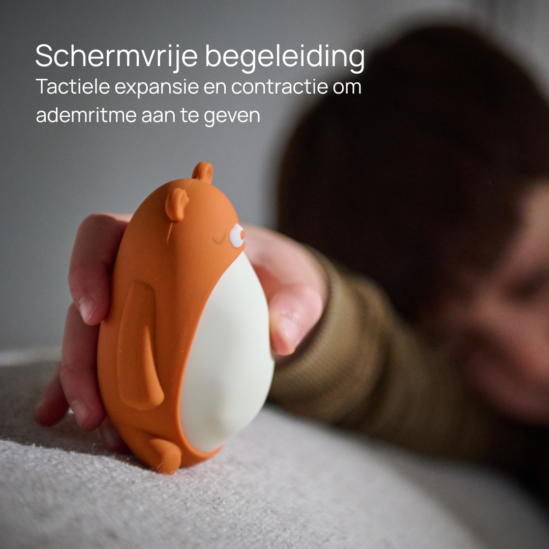 moonbuddy schermvrije begeleiding - oranje beer met kind op achtergrond